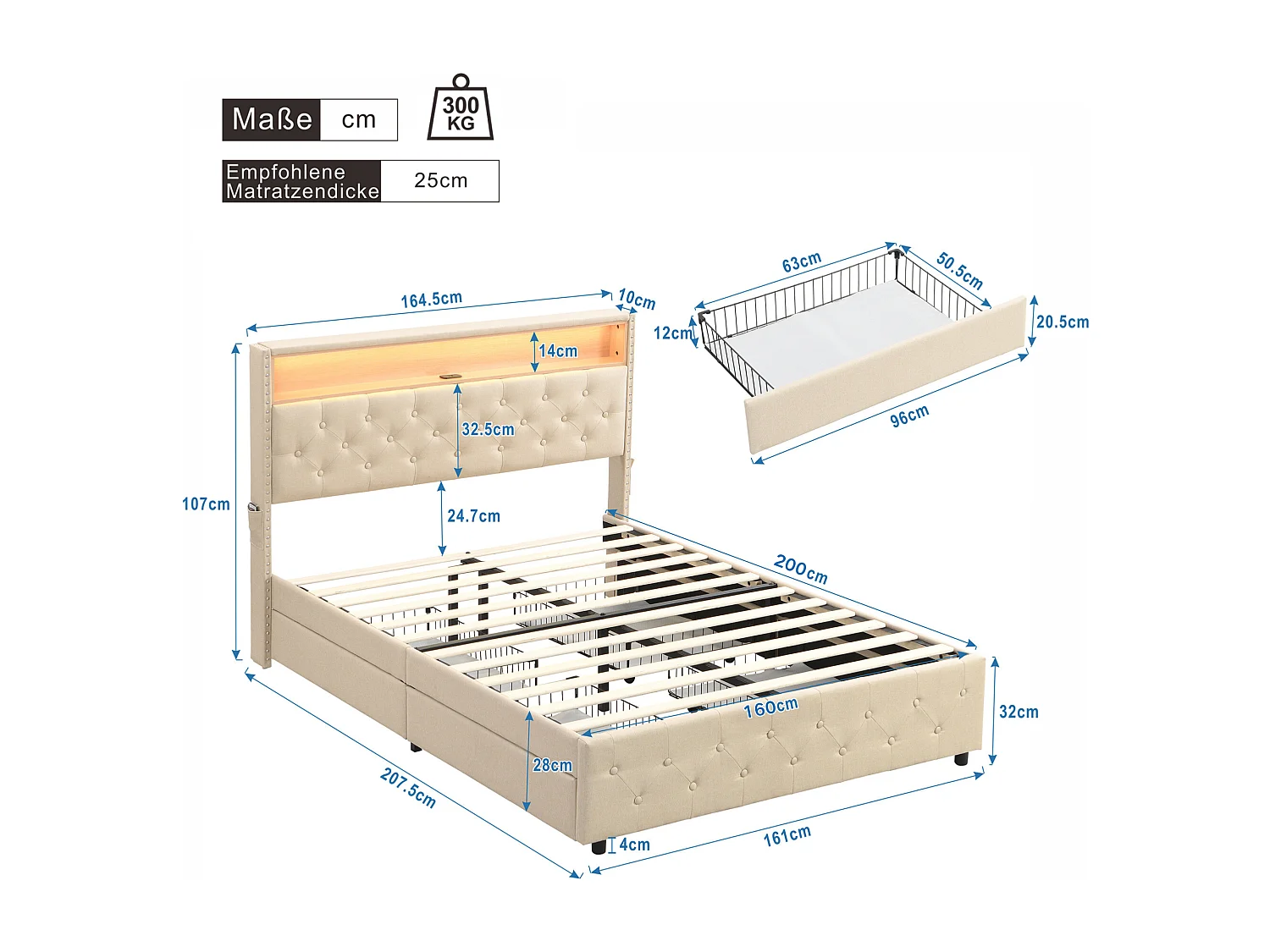 Gestoffeerd bed met 4 lades en plank - 160 x 200 cm - LED's en USB - linnen stof - lattenbodem - beige