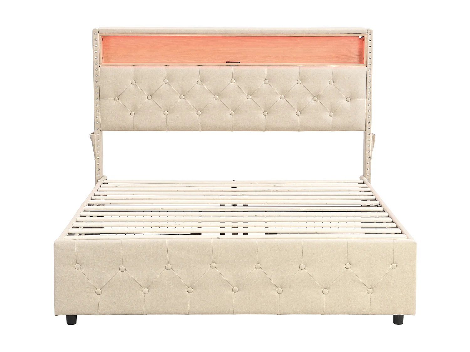Gestoffeerd bed met 4 lades en plank - 160 x 200 cm - LED's en USB - linnen stof - lattenbodem - beige
