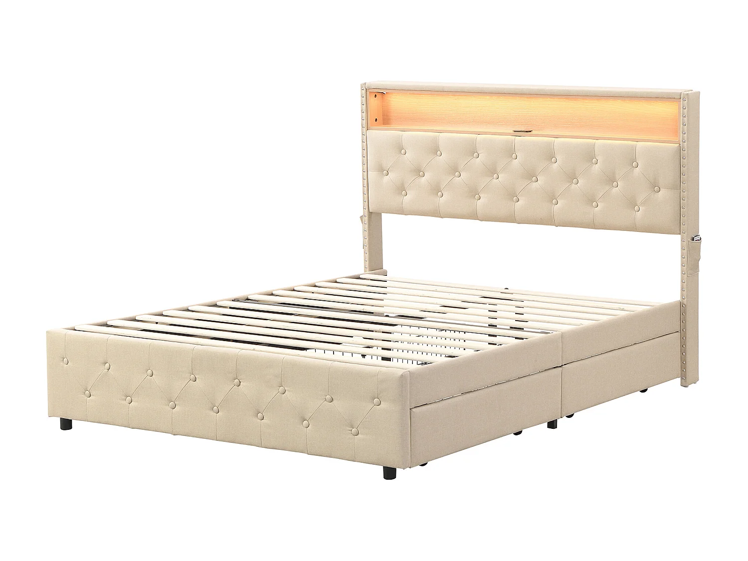 Gestoffeerd bed met 4 lades en plank - 160 x 200 cm - LED's en USB - linnen stof - lattenbodem - beige