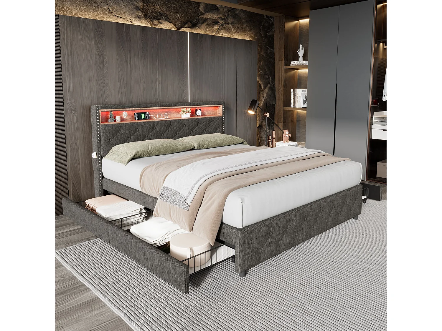 Lit capitonné avec 4 tiroirs et étagère - 160 x 200 cm - LEDs et USB - tissu en lin - sommier à lattes - gris