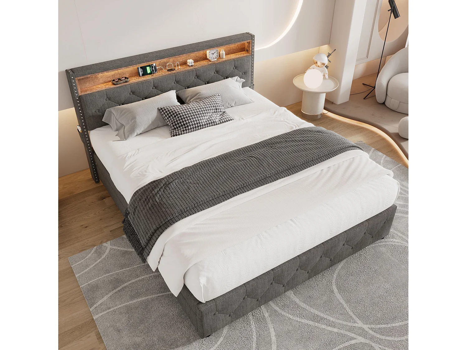 Lit capitonné avec 4 tiroirs et étagère - 160 x 200 cm - LEDs et USB - tissu en lin - sommier à lattes - gris