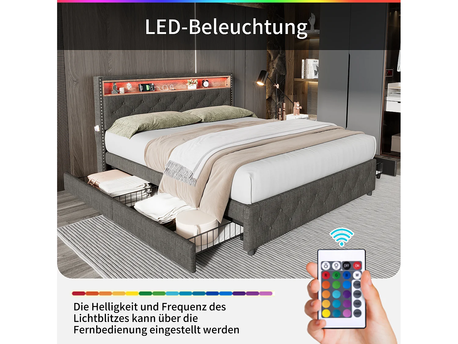 Lit capitonné avec 4 tiroirs et étagère - 160 x 200 cm - LEDs et USB - tissu en lin - sommier à lattes - gris