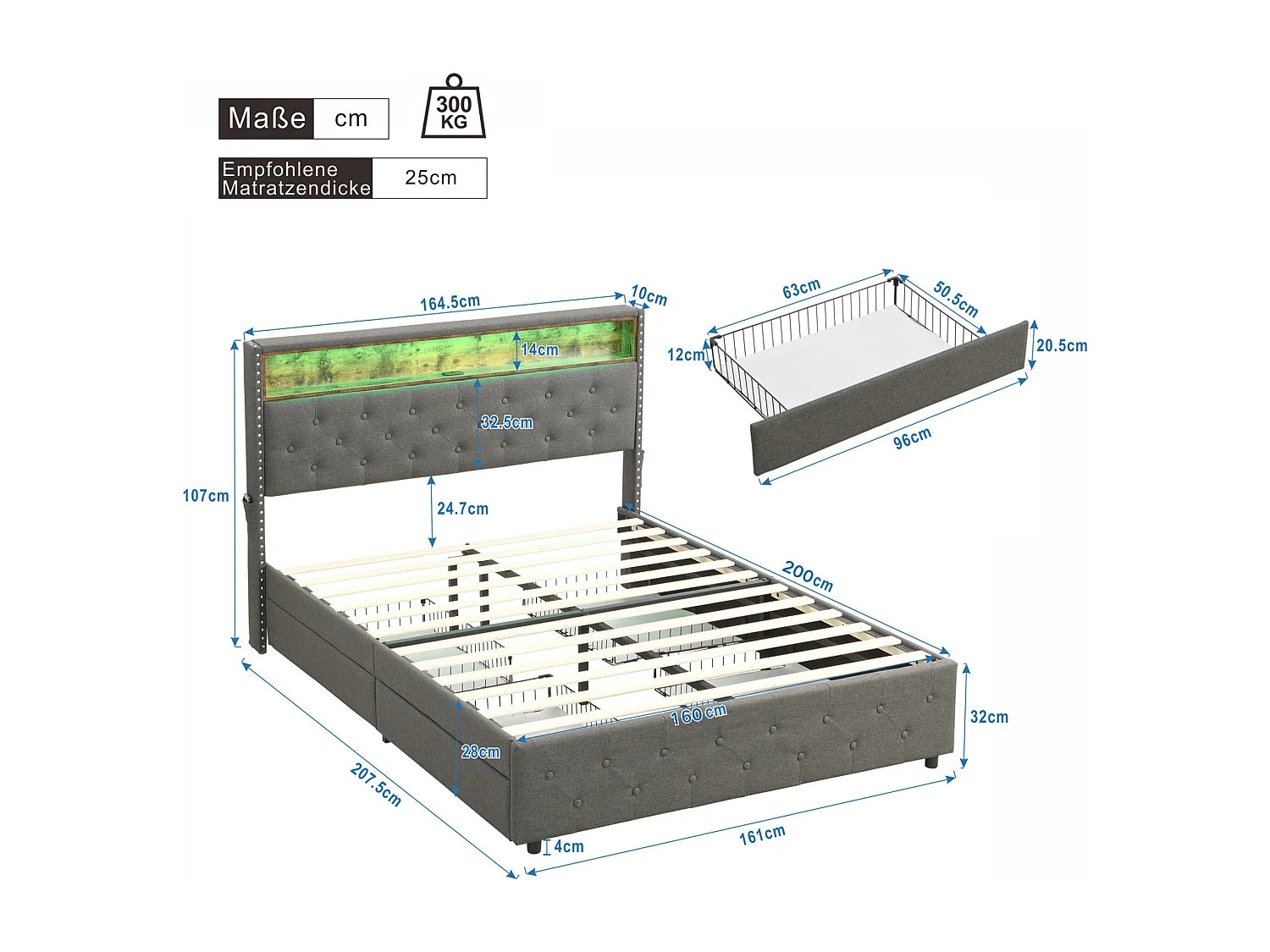 Lit capitonné avec 4 tiroirs et étagère - 160 x 200 cm - LEDs et USB - tissu en lin - sommier à lattes - gris