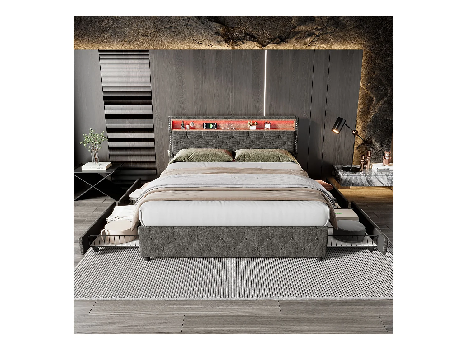 Gestoffeerd bed met 4 lades en plank - 160 x 200 cm - LED's en USB - linnen stof - lattenbodem - grijs