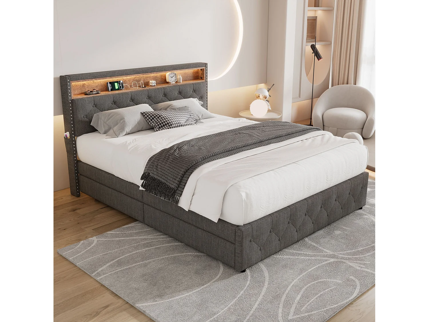 Lit capitonné avec 4 tiroirs et étagère - 160 x 200 cm - LEDs et USB - tissu en lin - sommier à lattes - gris