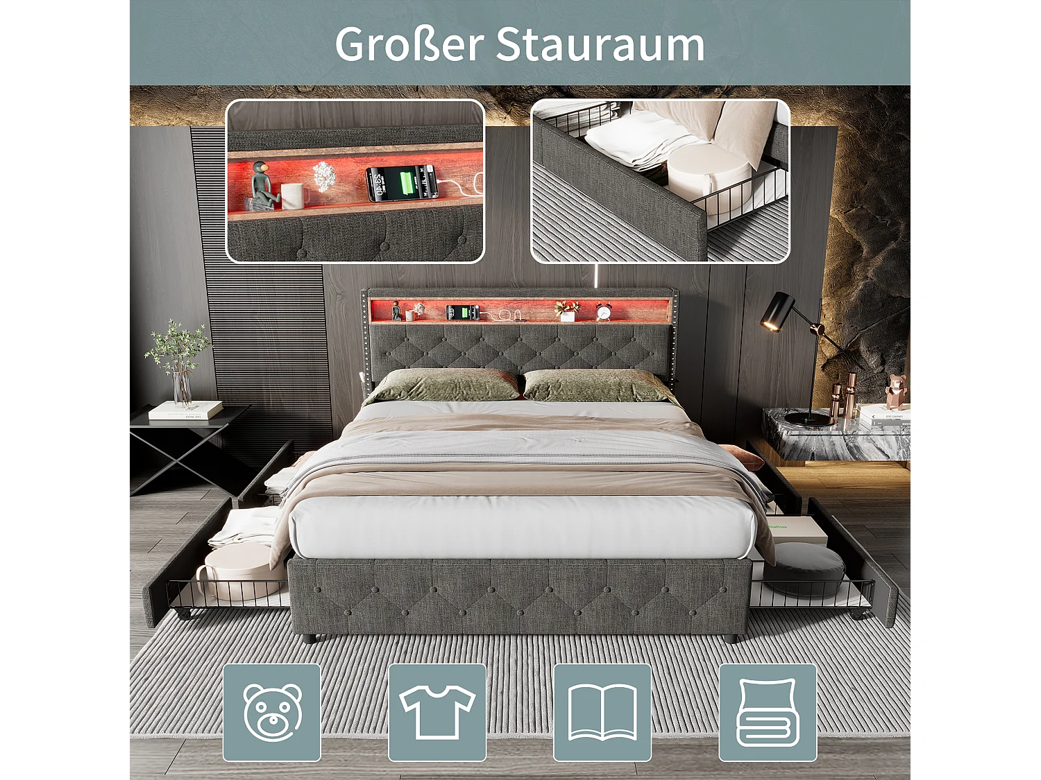 Lit capitonné avec 4 tiroirs et étagère - 160 x 200 cm - LEDs et USB - tissu en lin - sommier à lattes - gris
