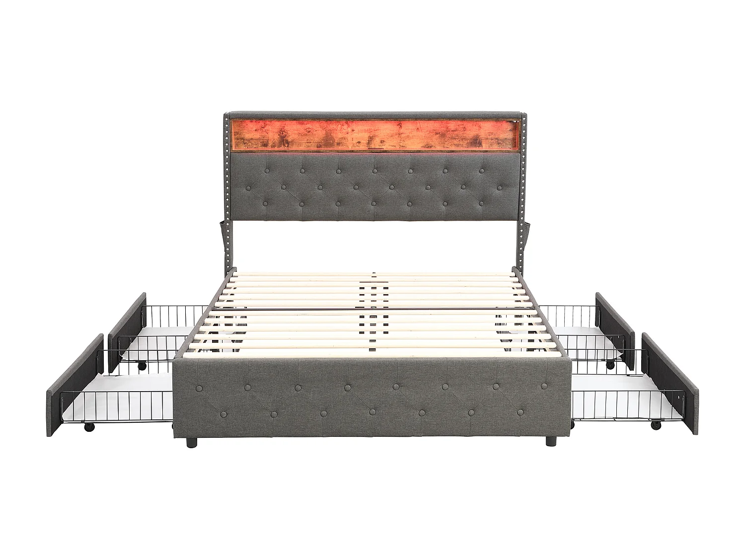 Lit capitonné avec 4 tiroirs et étagère - 160 x 200 cm - LEDs et USB - tissu en lin - sommier à lattes - gris