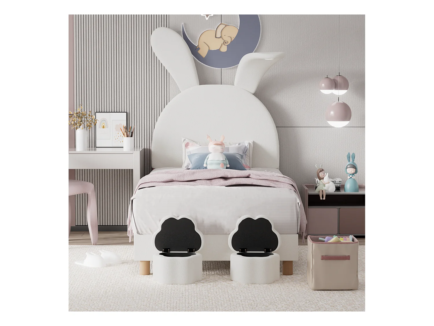 Lit capitonné 90 x 200 cm avec 2 tabourets de rangement pour enfant - chevet LEDs - tête de lit réglable - velours - blanc