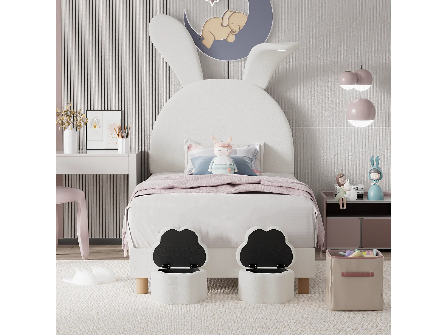 Lit capitonné 90 x 200 cm avec 2 tabourets de rangement pour enfant - chevet LEDs - tête de lit réglable - velours - blanc