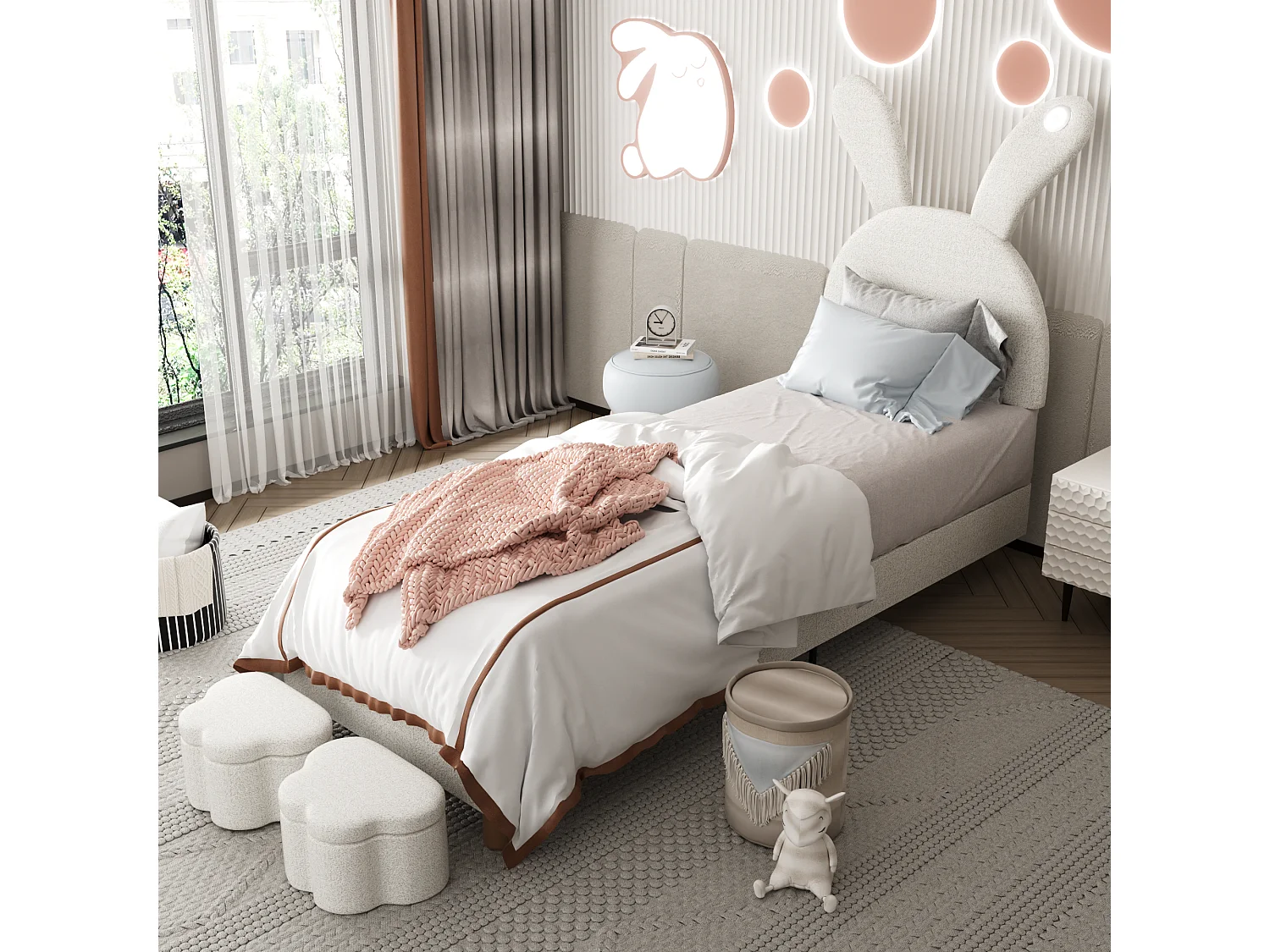 Lit capitonné 90 x 200 cm avec 2 tabourets de rangement pour enfant - chevet LEDs - tête de lit réglable - velours - blanc