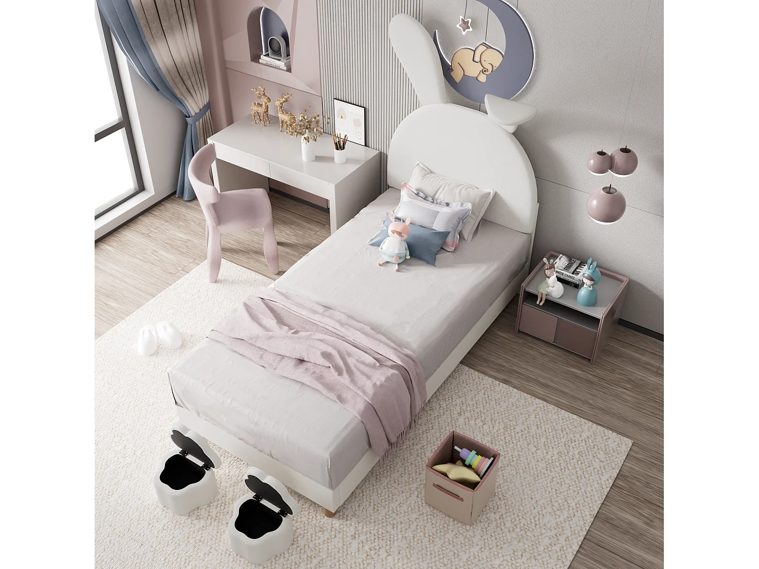 Lit capitonné 90 x 200 cm avec 2 tabourets de rangement pour enfant - chevet LEDs - tête de lit réglable - velours - blanc