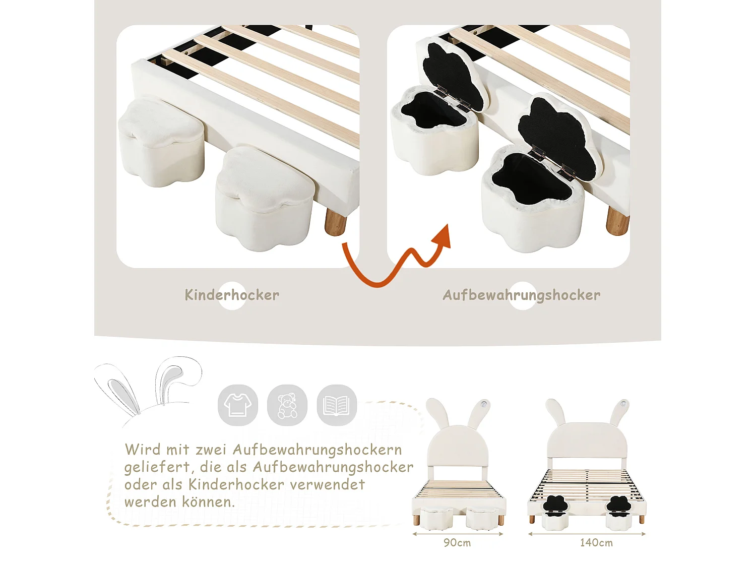 Lit capitonné 90 x 200 cm avec 2 tabourets de rangement pour enfant - chevet LEDs - tête de lit réglable - velours - blanc