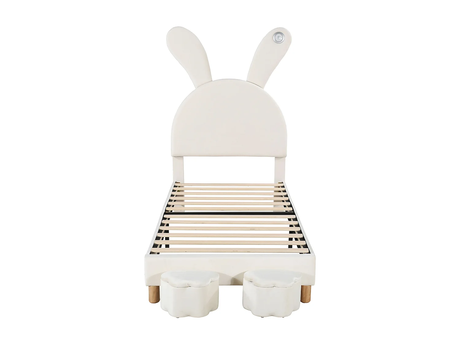 Lit capitonné 90 x 200 cm avec 2 tabourets de rangement pour enfant - chevet LEDs - tête de lit réglable - velours - blanc