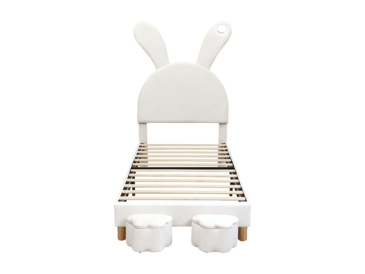 Lit capitonné 90 x 200 cm avec 2 tabourets de rangement pour enfant - chevet LEDs - tête de lit réglable - velours - blanc