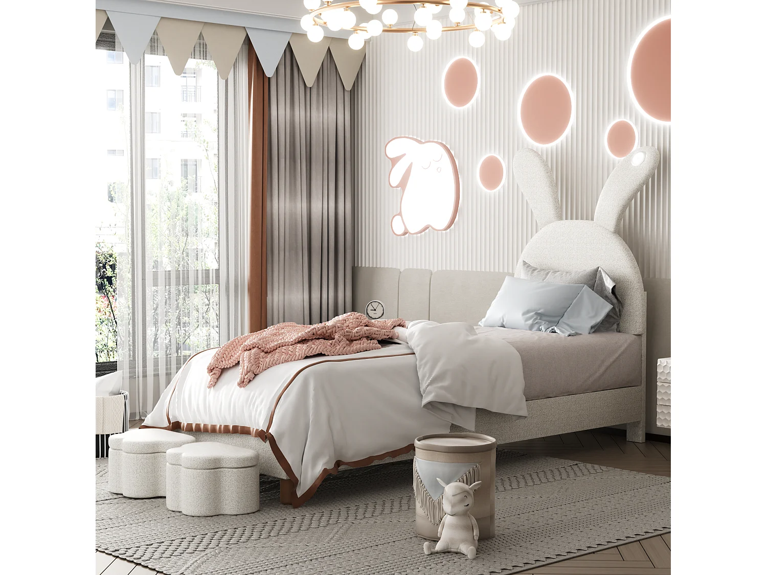 Lit capitonné 90 x 200 cm avec 2 tabourets de rangement pour enfant - chevet LEDs - tête de lit réglable - velours - blanc
