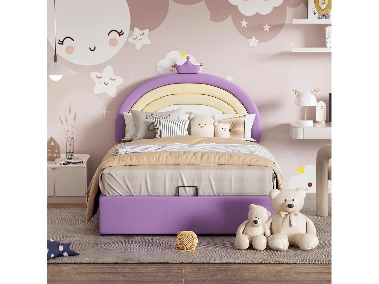 Cama de armazenamento com cabeceira ajustável para crianças - 140 x 200 cm - Couro PU - Base de ripas - Estilo contemporâneo - Roxo