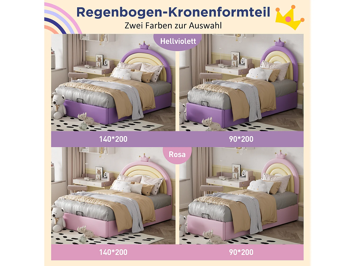 Cama de armazenamento com cabeceira ajustável para crianças - 140 x 200 cm - Couro PU - Base de ripas - Estilo contemporâneo - Roxo