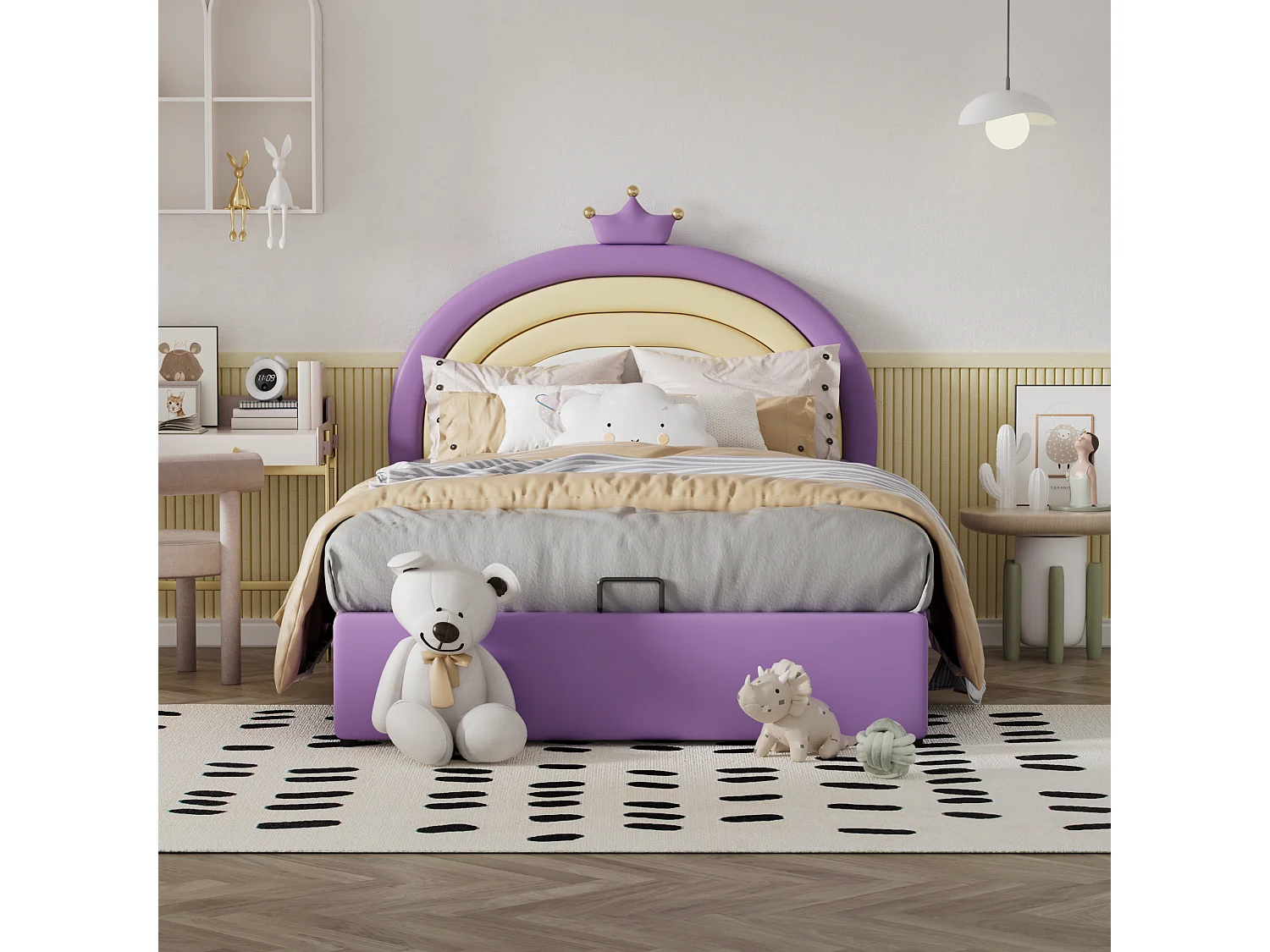 Letto contenitore con testiera regolabile per bambini - 140 x 200 cm - Pelle PU - Rete a doghe - Stile moderno - Viola