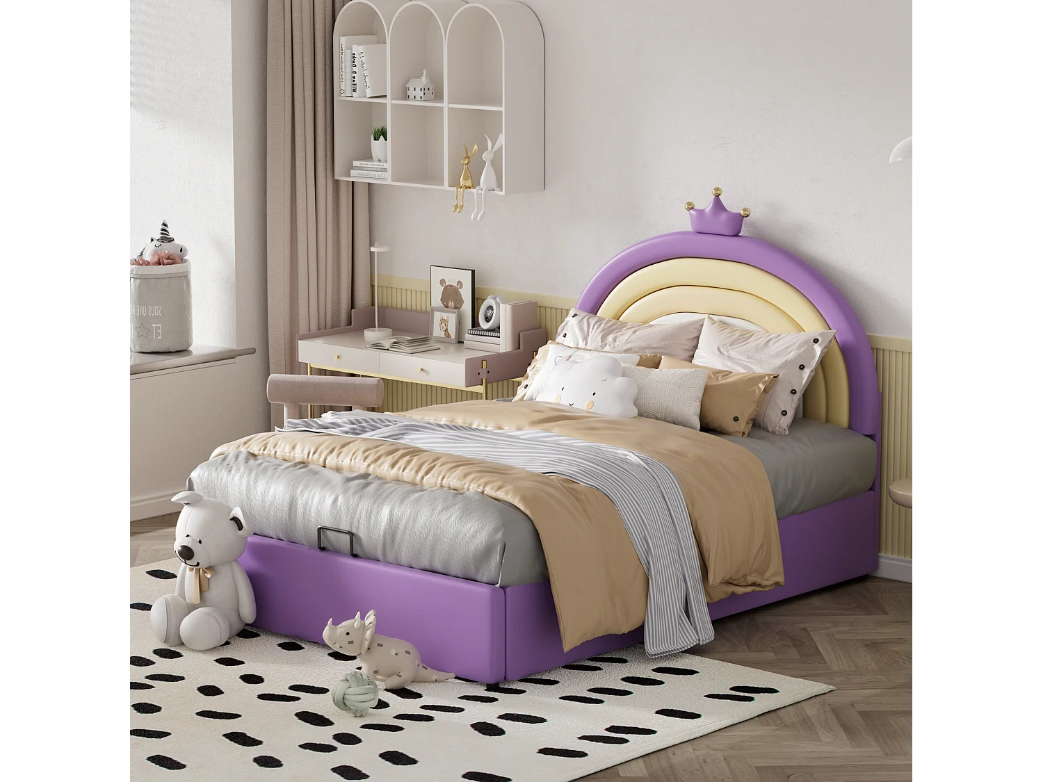 Letto contenitore con testiera regolabile per bambini - 140 x 200 cm - Pelle PU - Rete a doghe - Stile moderno - Viola