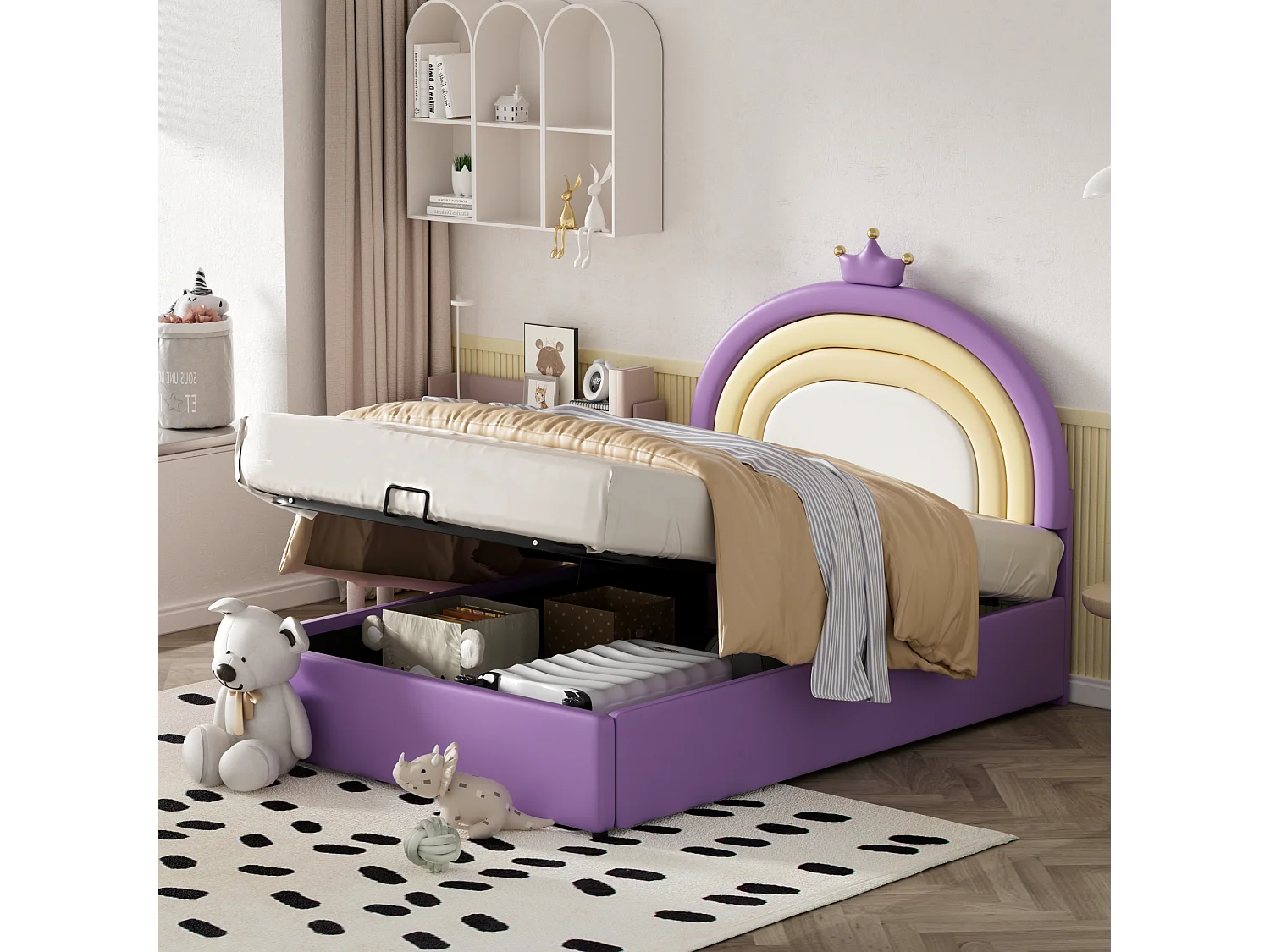 Cama de armazenamento com cabeceira ajustável para crianças - 140 x 200 cm - Couro PU - Base de ripas - Estilo contemporâneo - Roxo