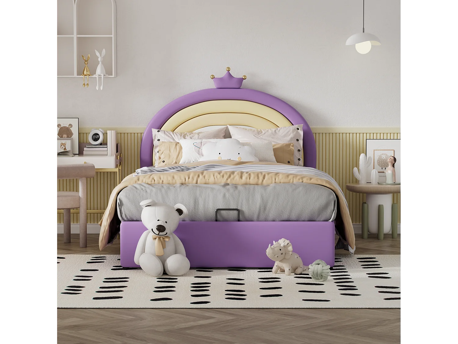 Cama de armazenamento com cabeceira ajustável para crianças - 140 x 200 cm - Couro PU - Base de ripas - Estilo contemporâneo - Roxo