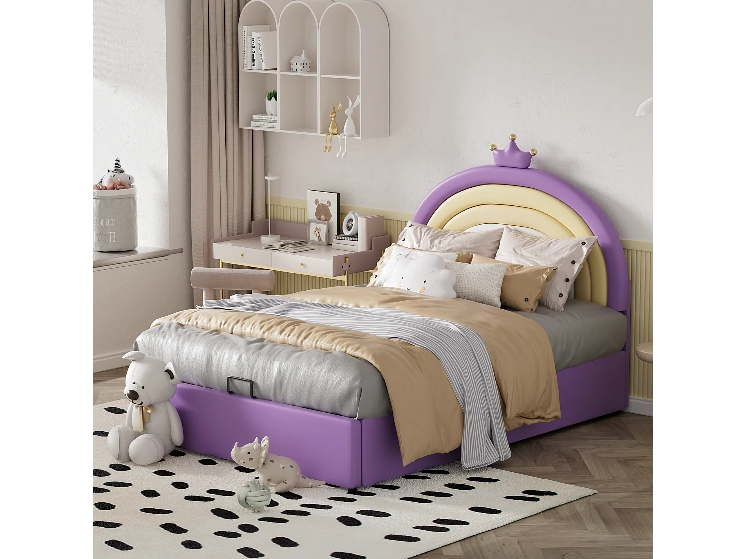 Cama de armazenamento com cabeceira ajustável para crianças - 140 x 200 cm - Couro PU - Base de ripas - Estilo contemporâneo - Roxo