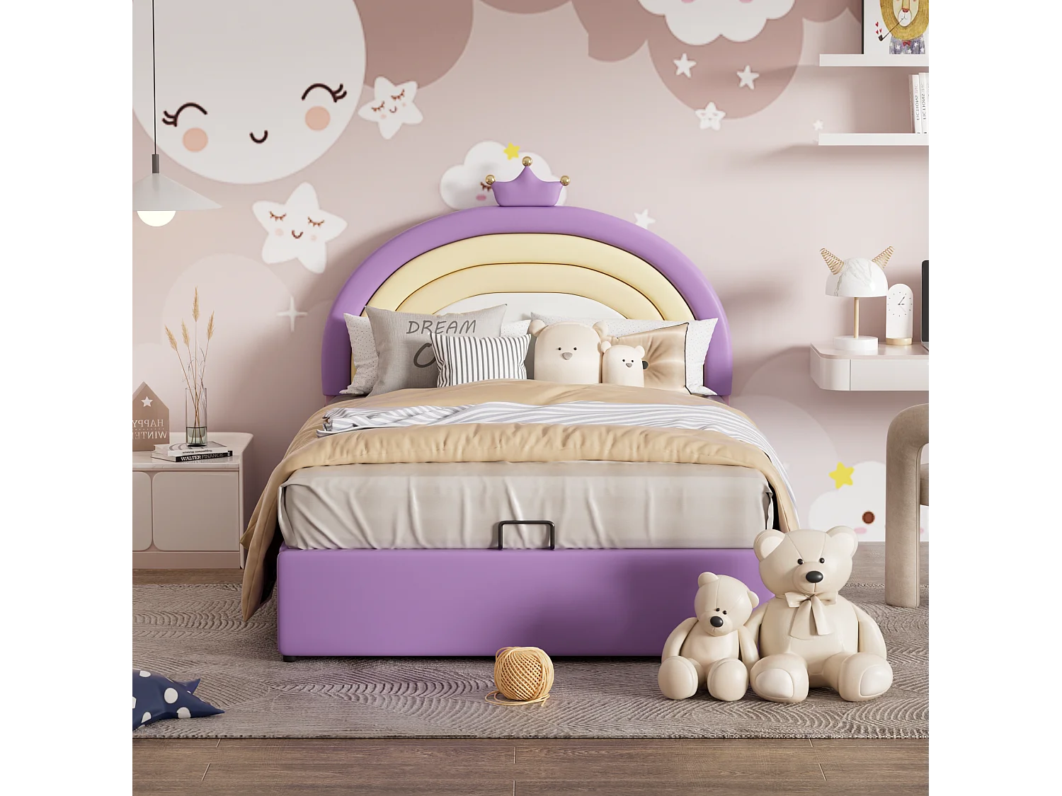 Cama de armazenamento com cabeceira ajustável para crianças - 140 x 200 cm - Couro PU - Base de ripas - Estilo contemporâneo - Roxo