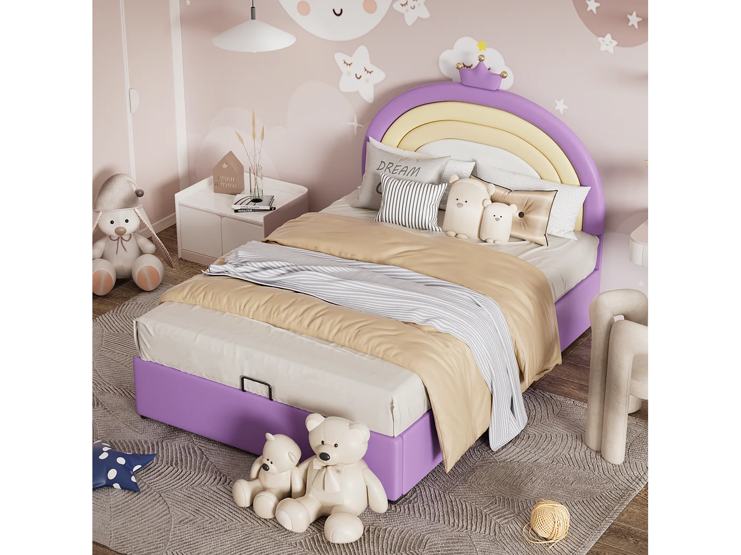 Cama de armazenamento com cabeceira ajustável para crianças - 140 x 200 cm - Couro PU - Base de ripas - Estilo contemporâneo - Roxo