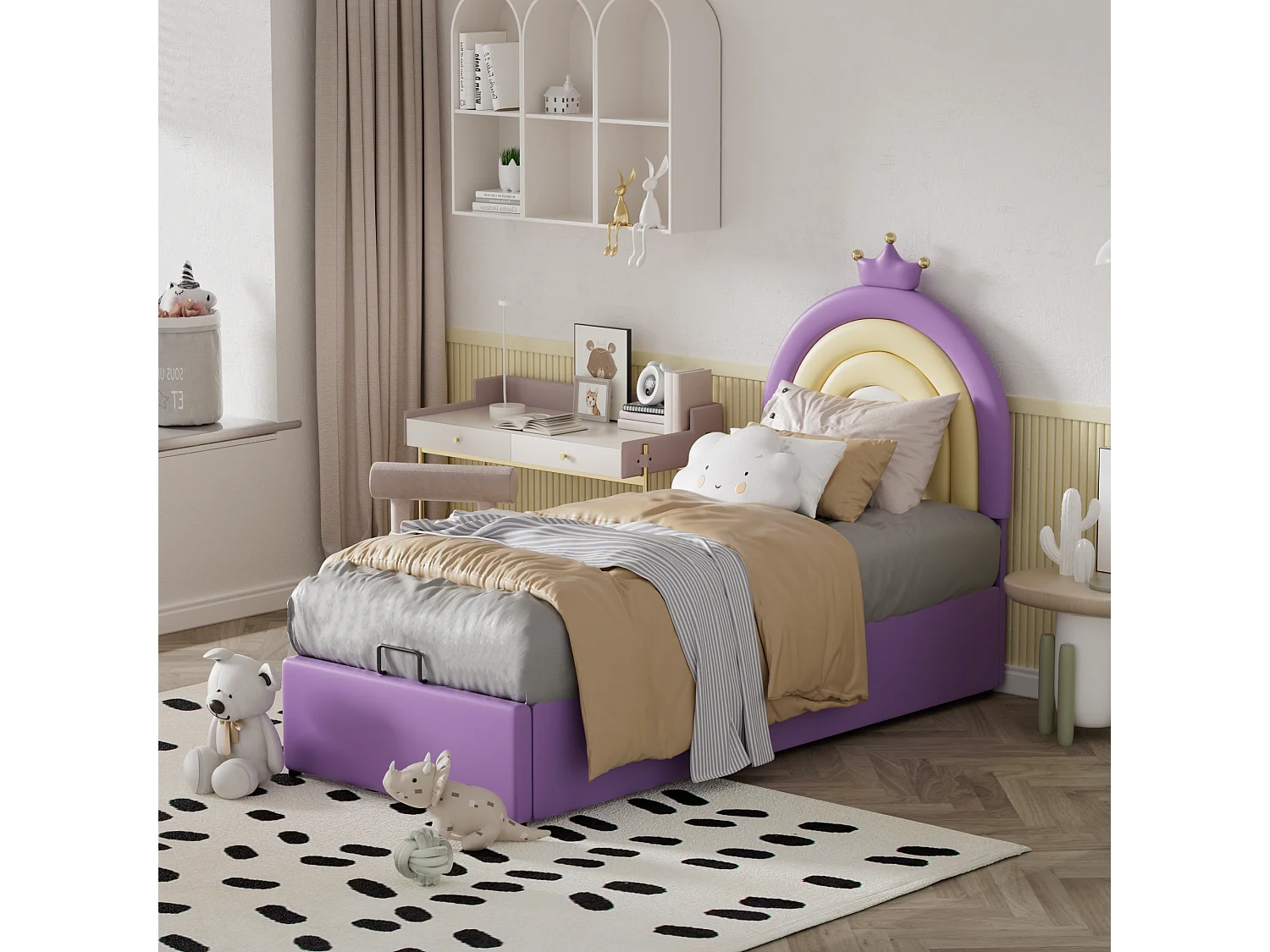 Opbergbed met verstelbaar hoofdeinde voor kinderen - 90 x 200 cm - PU leer - Lattenbodem - Eigentijdse stijl - Paars