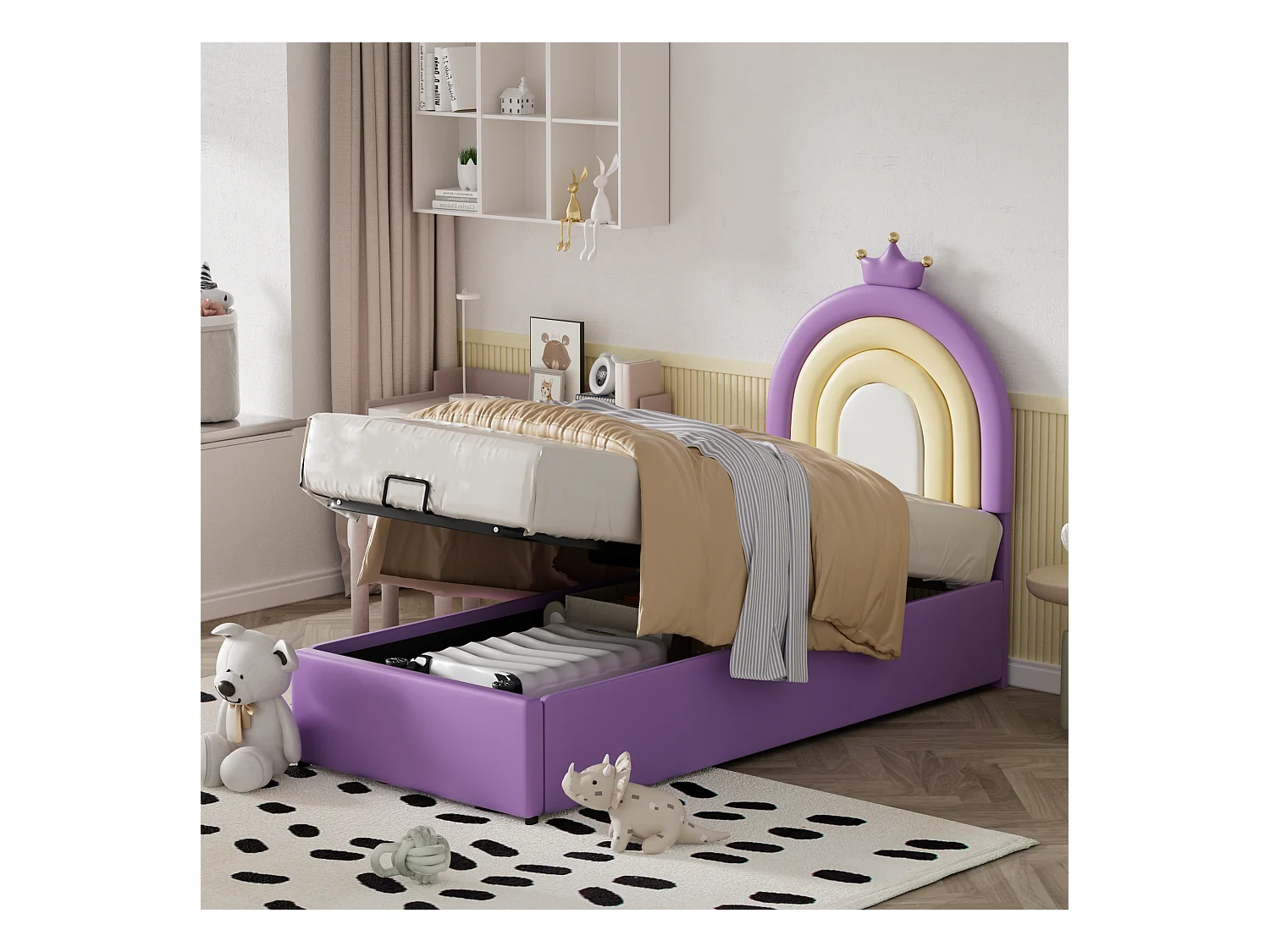 Lit coffre avec tête de lit réglable pour enfant - 90 x 200 cm - Cuir PU - Sommier à lattes - Style contemporain - Violet