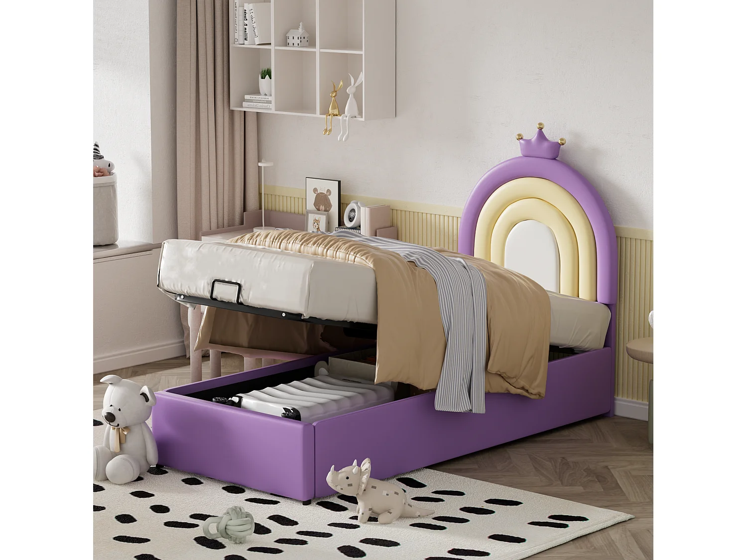 Lit coffre avec tête de lit réglable pour enfant - 90 x 200 cm - Cuir PU - Sommier à lattes - Style contemporain - Violet