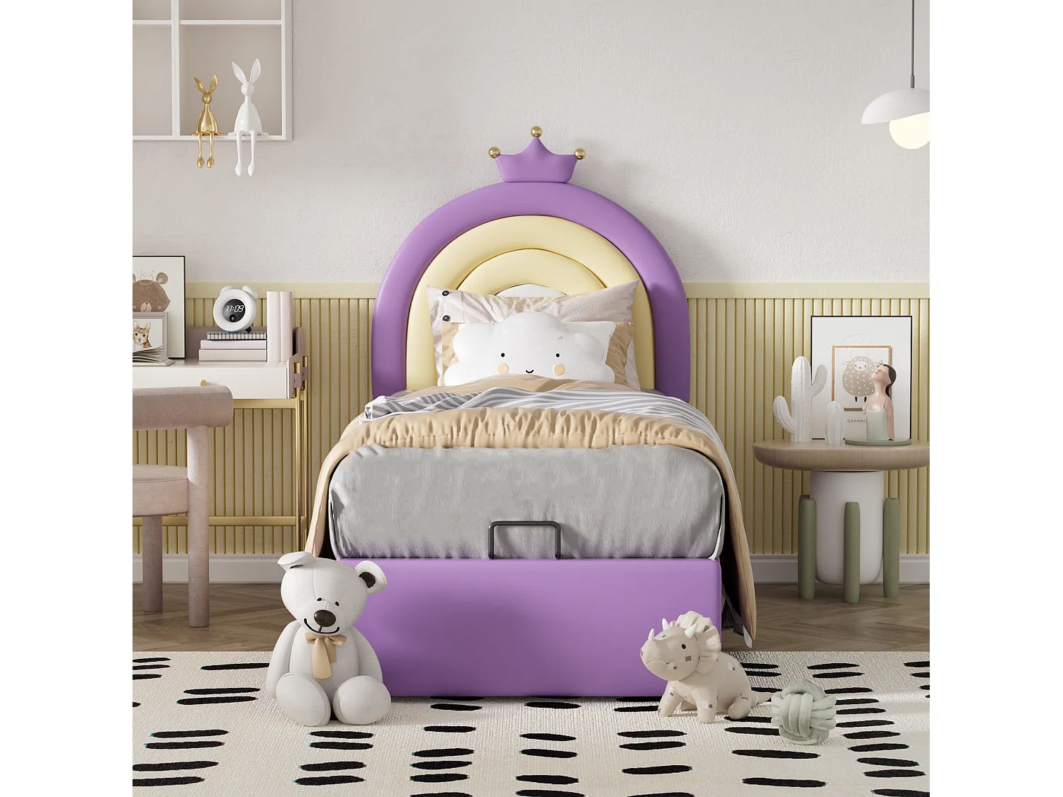 Lit coffre avec tête de lit réglable pour enfant - 90 x 200 cm - Cuir PU - Sommier à lattes - Style contemporain - Violet