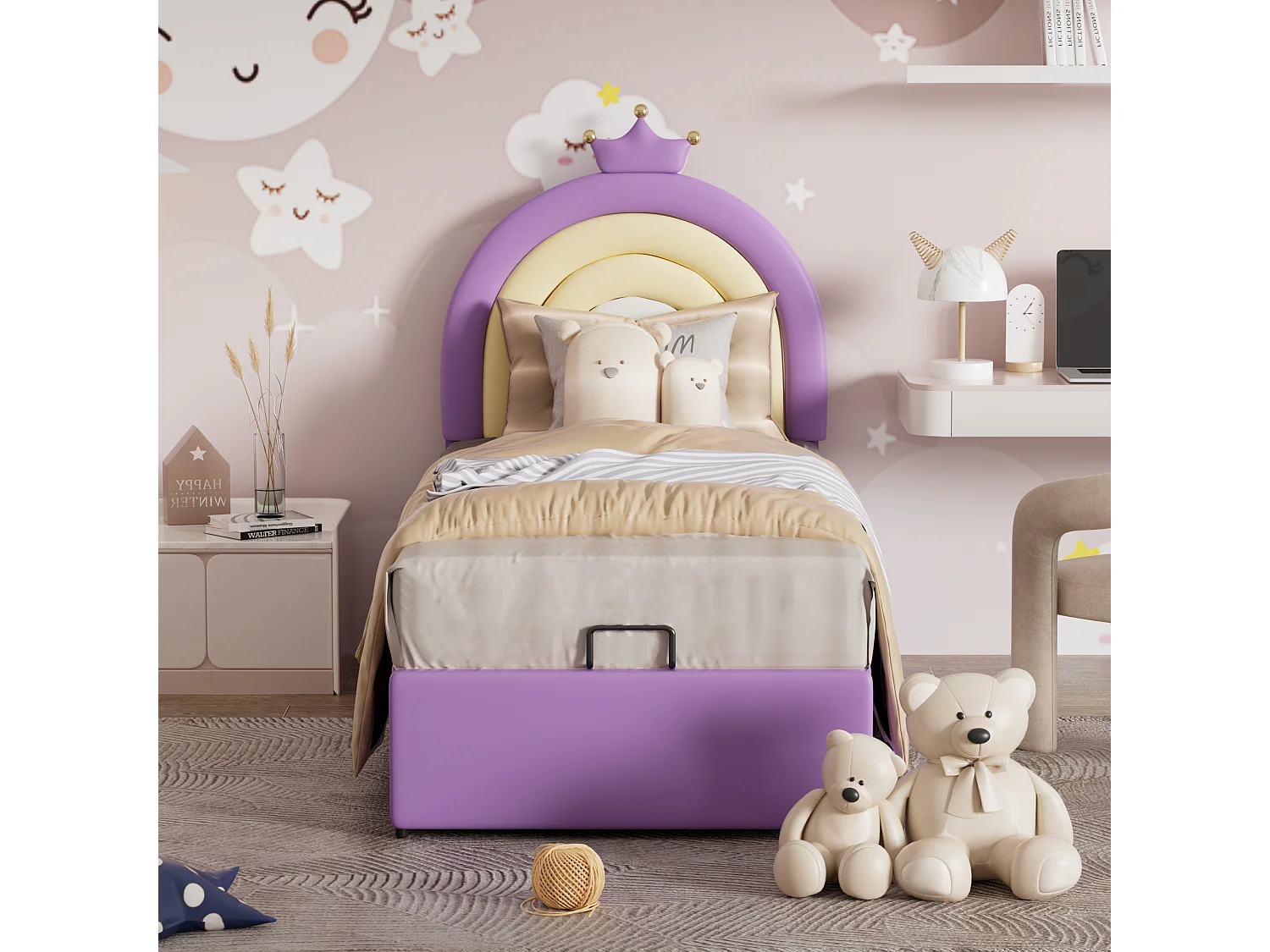 Lit coffre avec tête de lit réglable pour enfant - 90 x 200 cm - Cuir PU - Sommier à lattes - Style contemporain - Violet