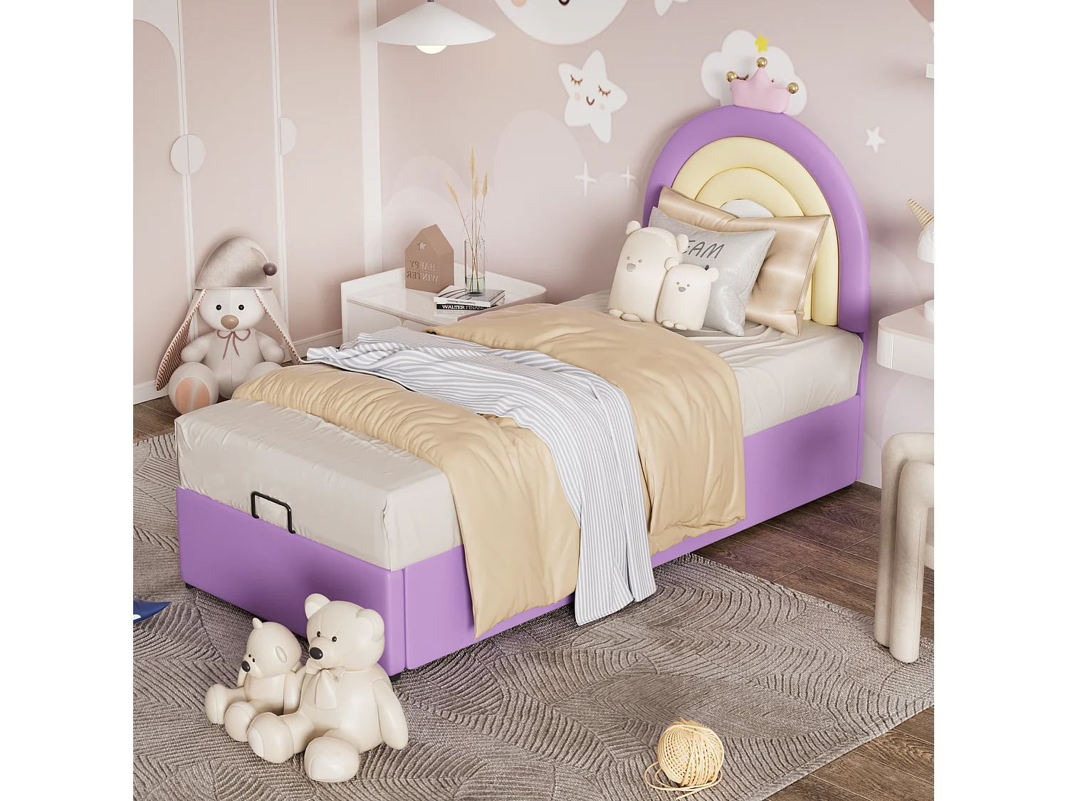 Lit coffre avec tête de lit réglable pour enfant - 90 x 200 cm - Cuir PU - Sommier à lattes - Style contemporain - Violet