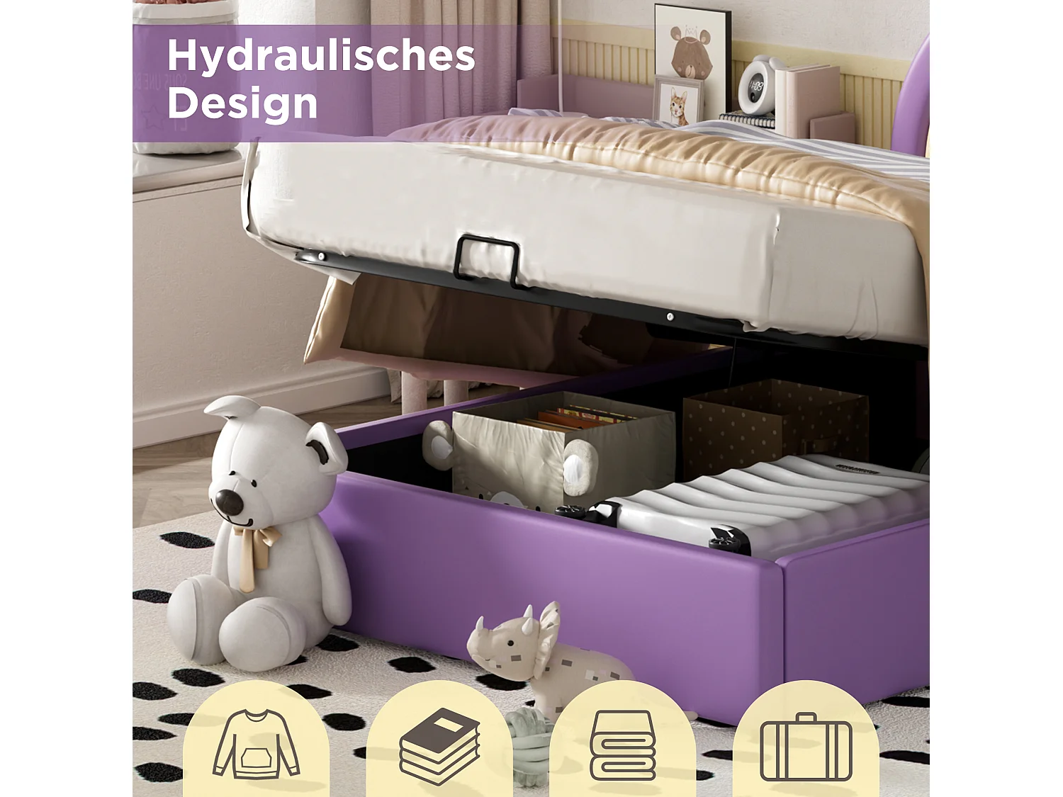 Lit coffre avec tête de lit réglable pour enfant - 90 x 200 cm - Cuir PU - Sommier à lattes - Style contemporain - Violet