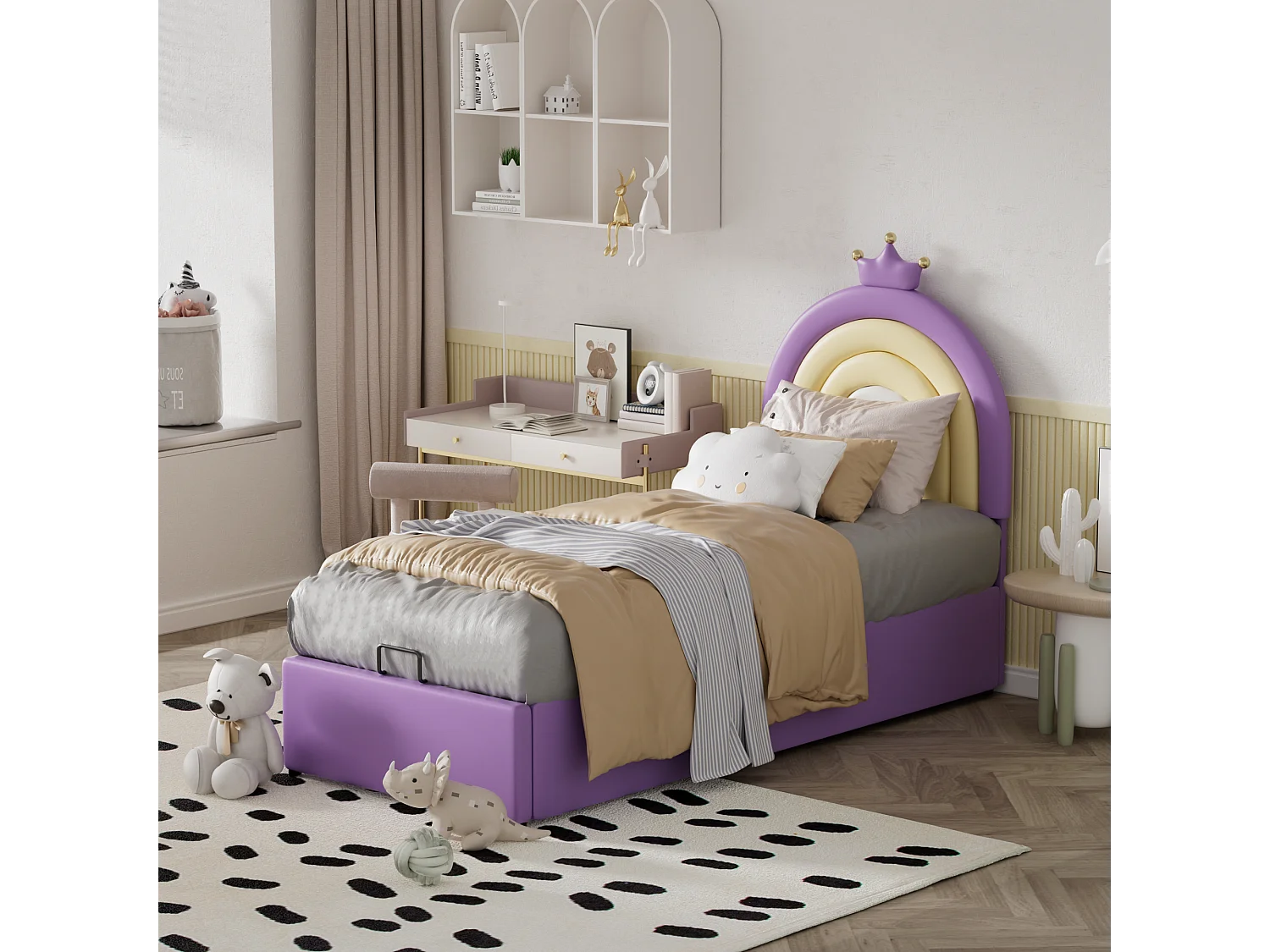 Opbergbed met verstelbaar hoofdeinde voor kinderen - 90 x 200 cm - PU leer - Lattenbodem - Eigentijdse stijl - Paars