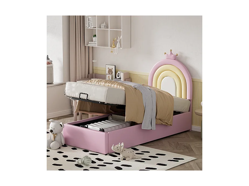 Bettkasten mit verstellbarem Kopfteil für Kinder – 90 x 200 cm – PU-Leder – Lattenrost – Zeitgenössischer Stil – Rosa