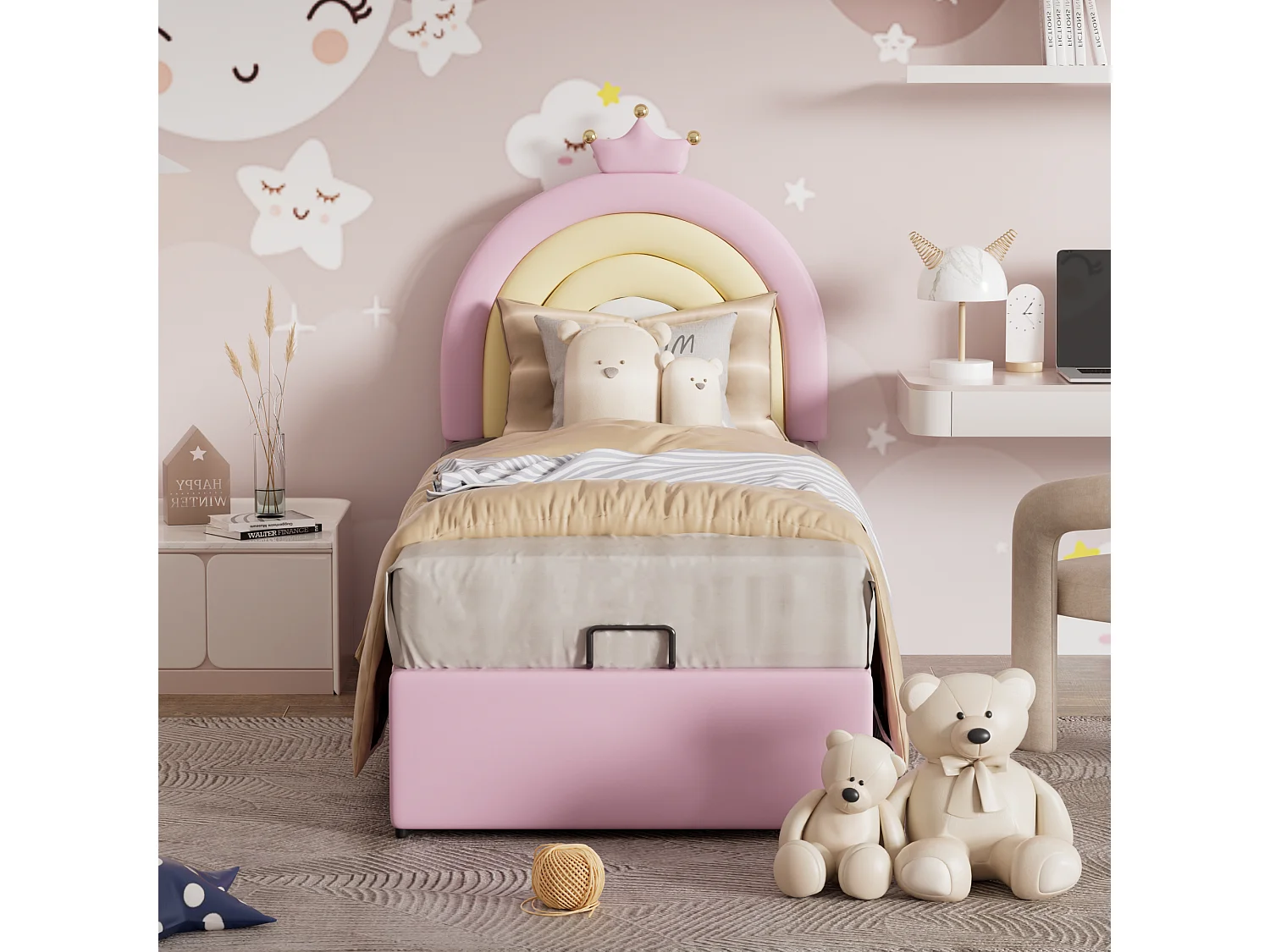 Lit coffre avec tête de lit réglable pour enfant - 90 x 200 cm - Cuir PU - Sommier à lattes - Style contemporain - Rose
