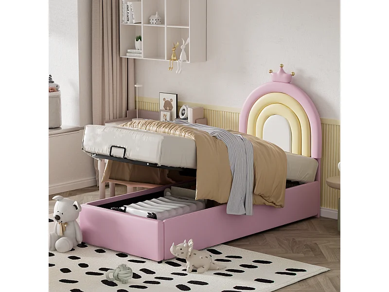 Opbergbed met verstelbaar hoofdeinde voor kinderen - 90 x 200 cm - PU leer - Lattenbodem - Eigentijdse stijl - Roze