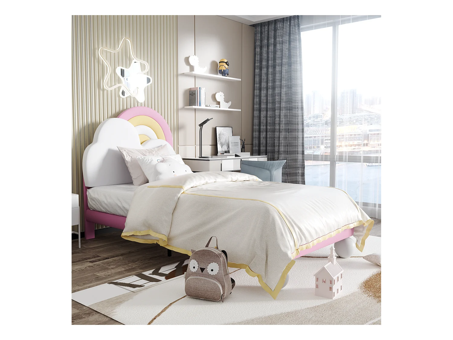 Kinderbed met hoofdbord in de vorm van een wolk - 90 x 200 cm - kunstleer - lattenbodem - roze