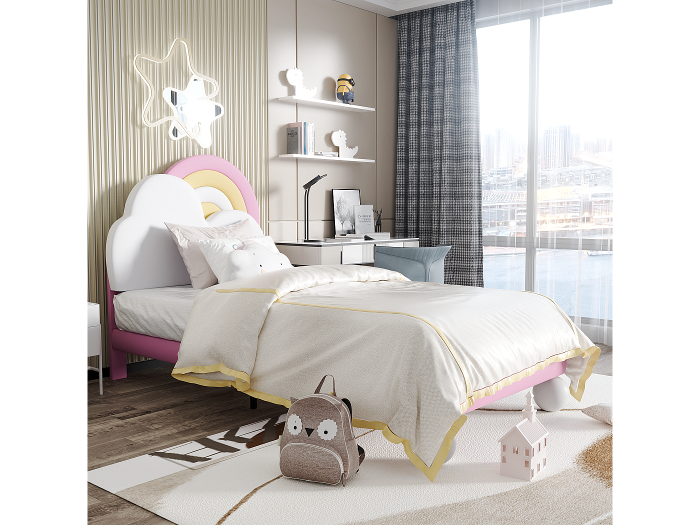 Lit Enfant Avec Tête De Lit Patte De Chat - 90x200 Cm - Avec Toboggan Et Échelle - Blanc Et Rose - Sans Matelas