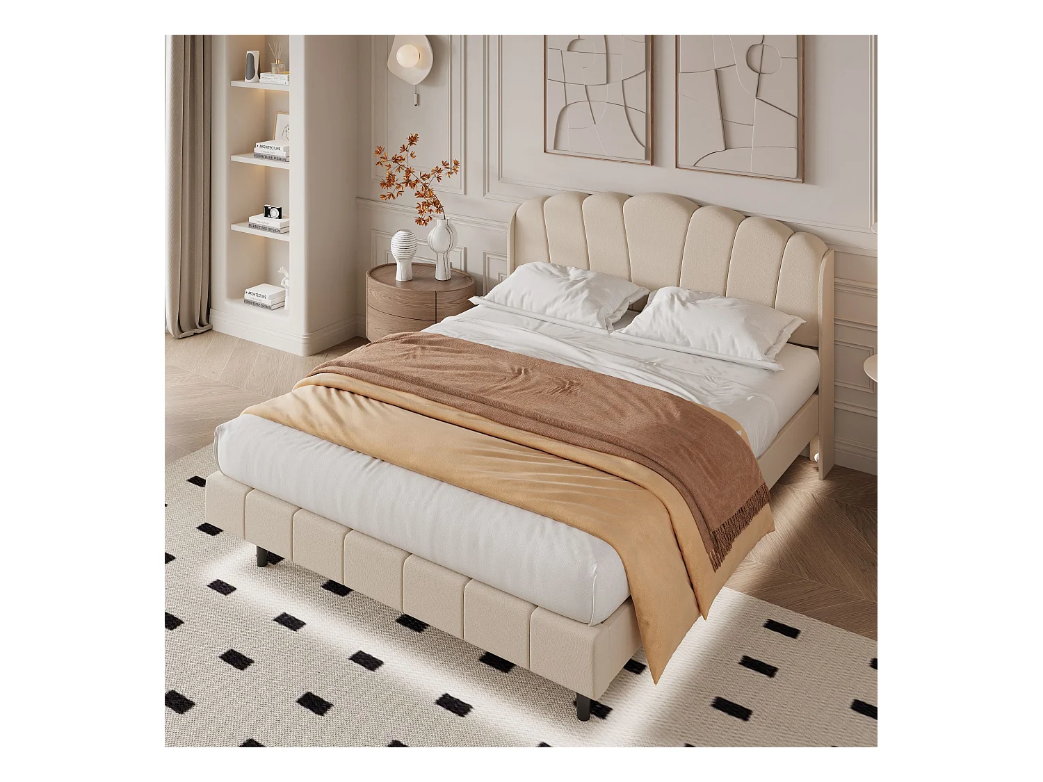 Gestoffeerd bed met verstelbaar hoofdeinde - 140 x 200 cm - LED's - fluweel - beige kleur
