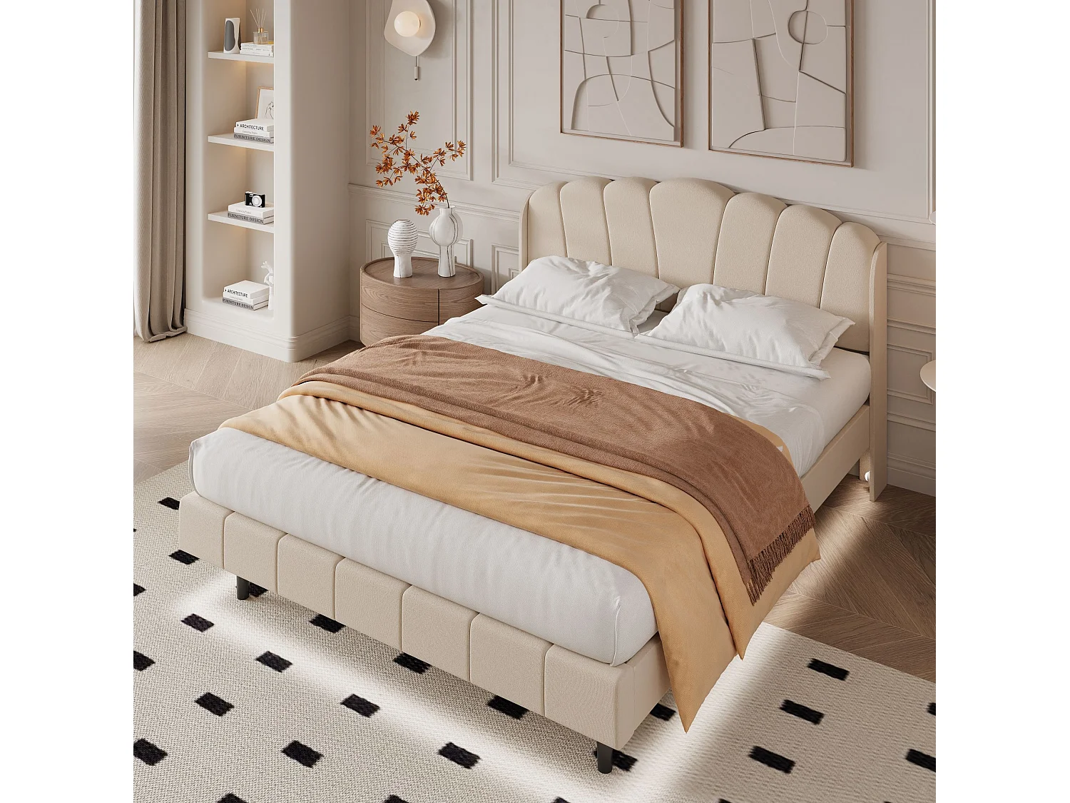 Gestoffeerd bed met verstelbaar hoofdeinde - 140 x 200 cm - LED's - fluweel - beige kleur