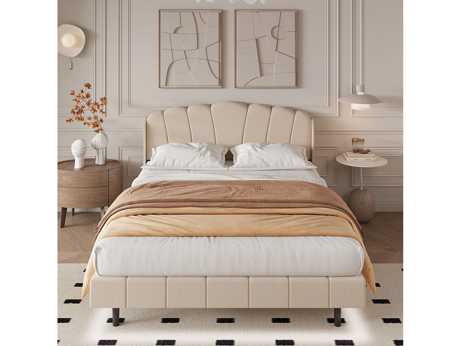 Gestoffeerd bed met verstelbaar hoofdeinde - 140 x 200 cm - LED's - fluweel - beige kleur