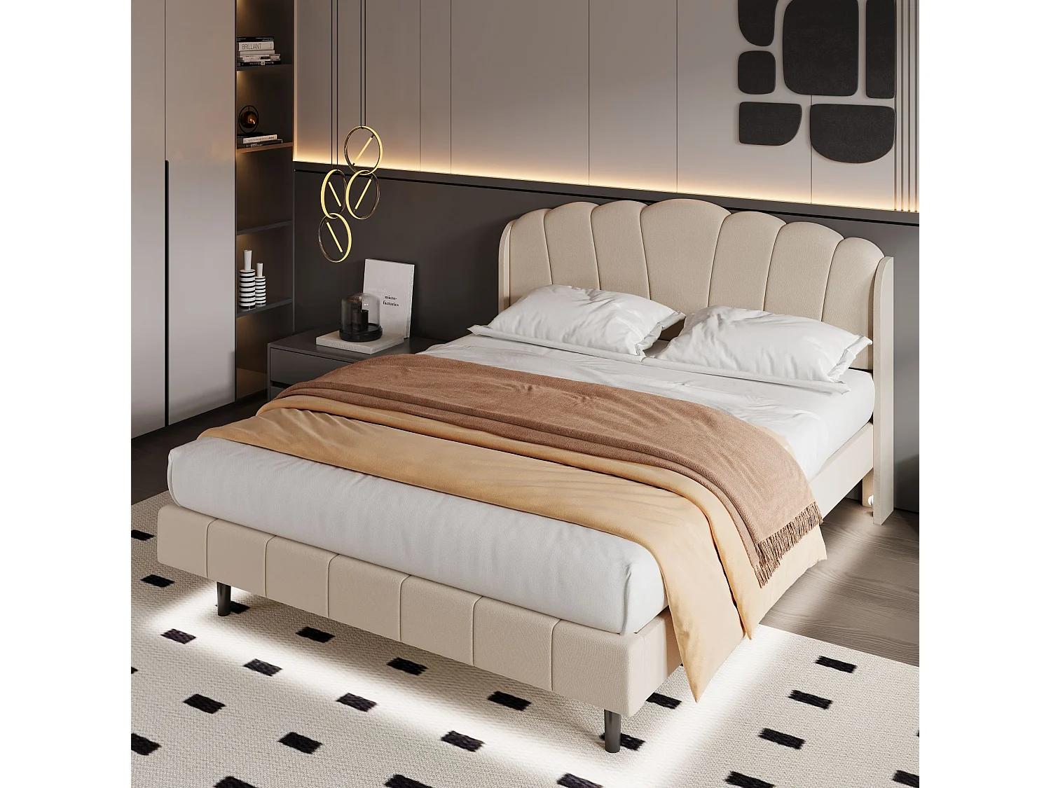 Gestoffeerd bed met verstelbaar hoofdeinde - 140 x 200 cm - LED's - fluweel - beige kleur