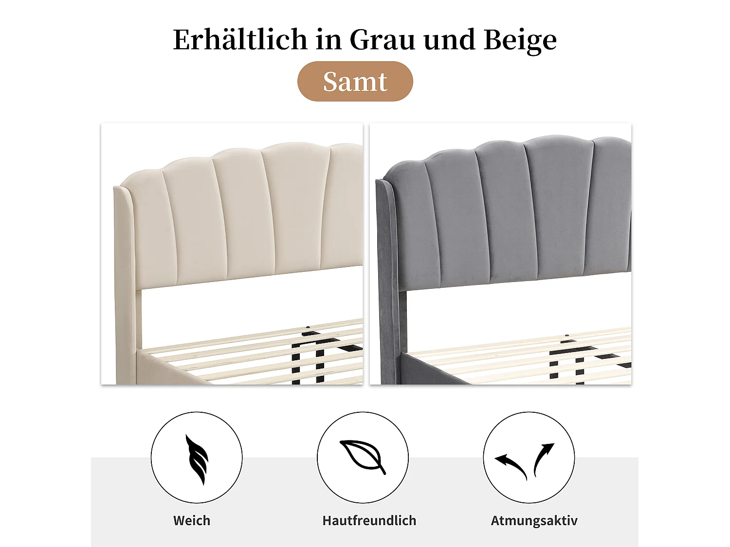 Gestoffeerd bed met verstelbaar hoofdeinde - 140 x 200 cm - LED's - fluweel - beige kleur