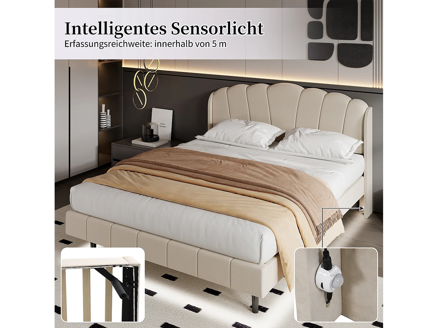 Gestoffeerd bed met verstelbaar hoofdeinde - 140 x 200 cm - LED's - fluweel - beige kleur