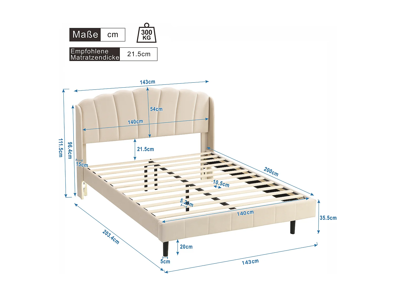 Gestoffeerd bed met verstelbaar hoofdeinde - 140 x 200 cm - LED's - fluweel - beige kleur
