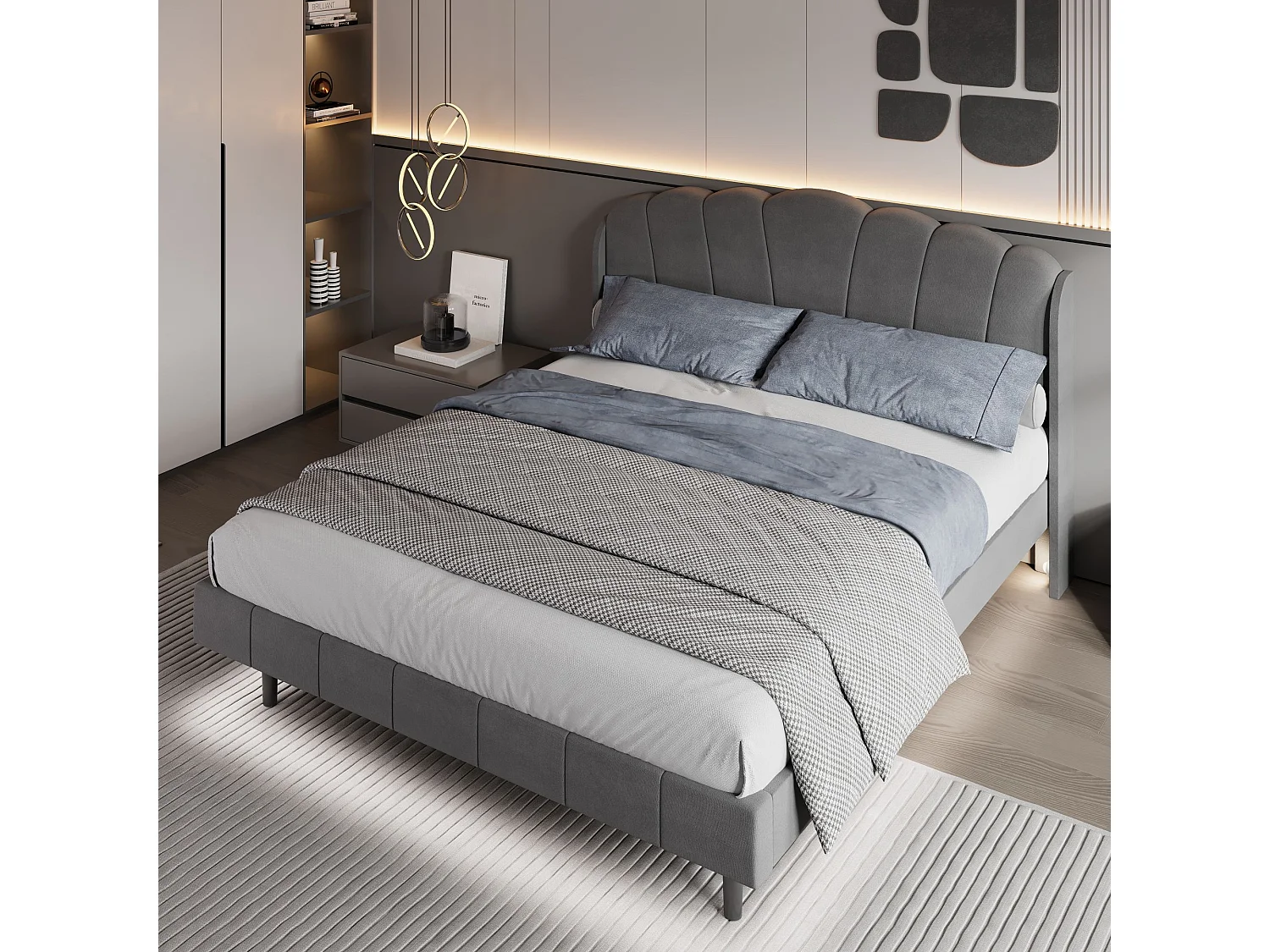 Lit capitonné avec tête de lit réglable - 160 x 200 cm - LEDs sensable - velours - coloris gris