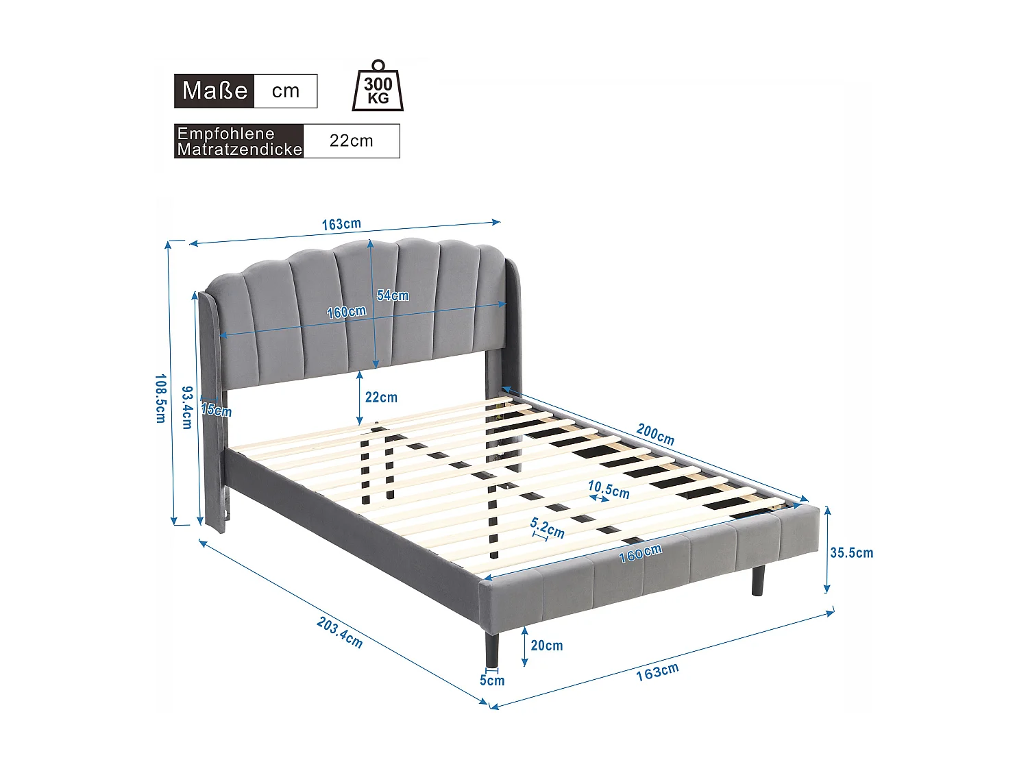 Lit capitonné avec tête de lit réglable - 160 x 200 cm - LEDs sensable - velours - coloris gris